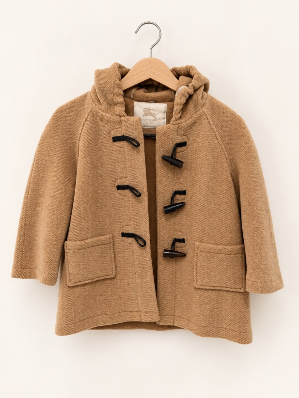 Burberry Baby Camel Herringbone Wool Hooded Duffle Coat